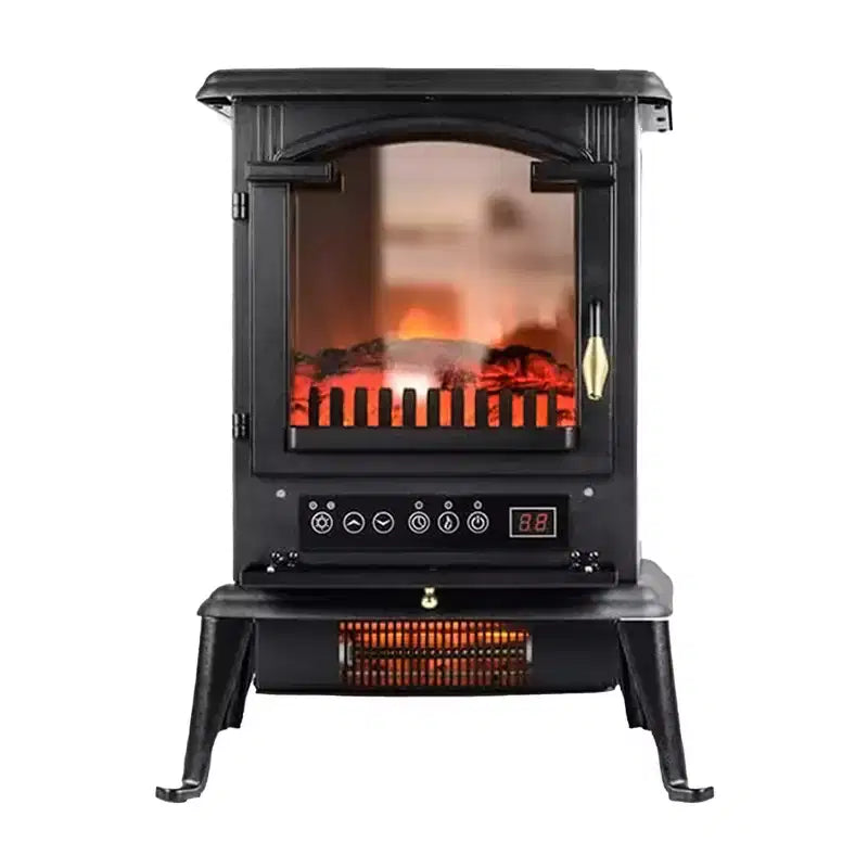 Poêle chauffant à quartz infrarouge VOLTORB à 3 côtés avec vue sur les flammes, foyer électrique autoportant pour usage intérieur avec télécommande et minuterie programmable, noir