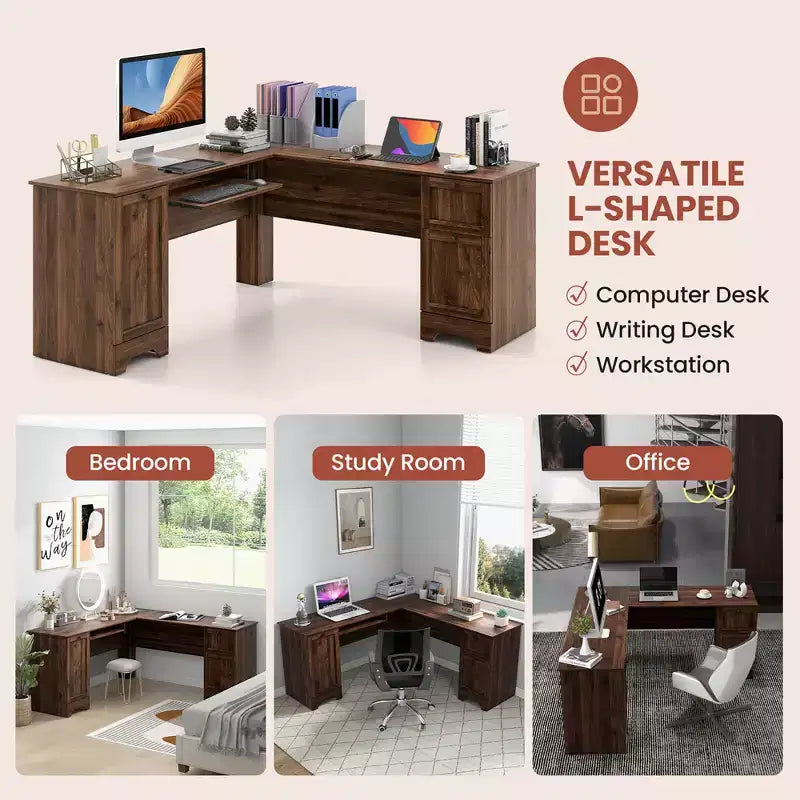 Costway Bureau d'angle en forme de L pour bureau à domicile, 66,5'', avec tiroir de clavier, couleur foncée