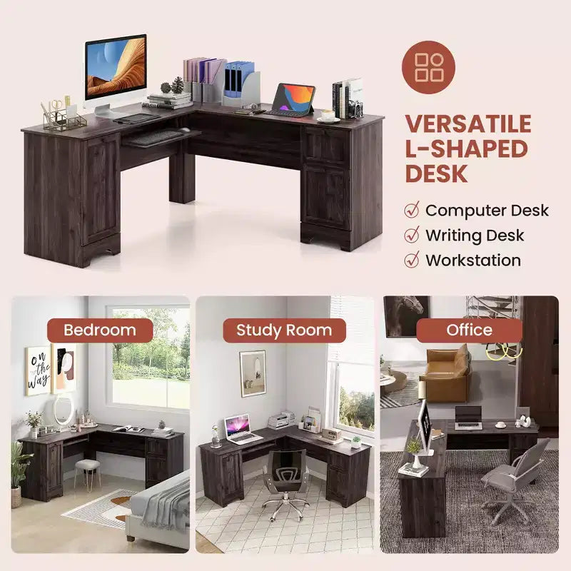 Costway Bureau d'angle en forme de L pour bureau à domicile, 66,5'', avec tiroir de clavier, couleur foncée