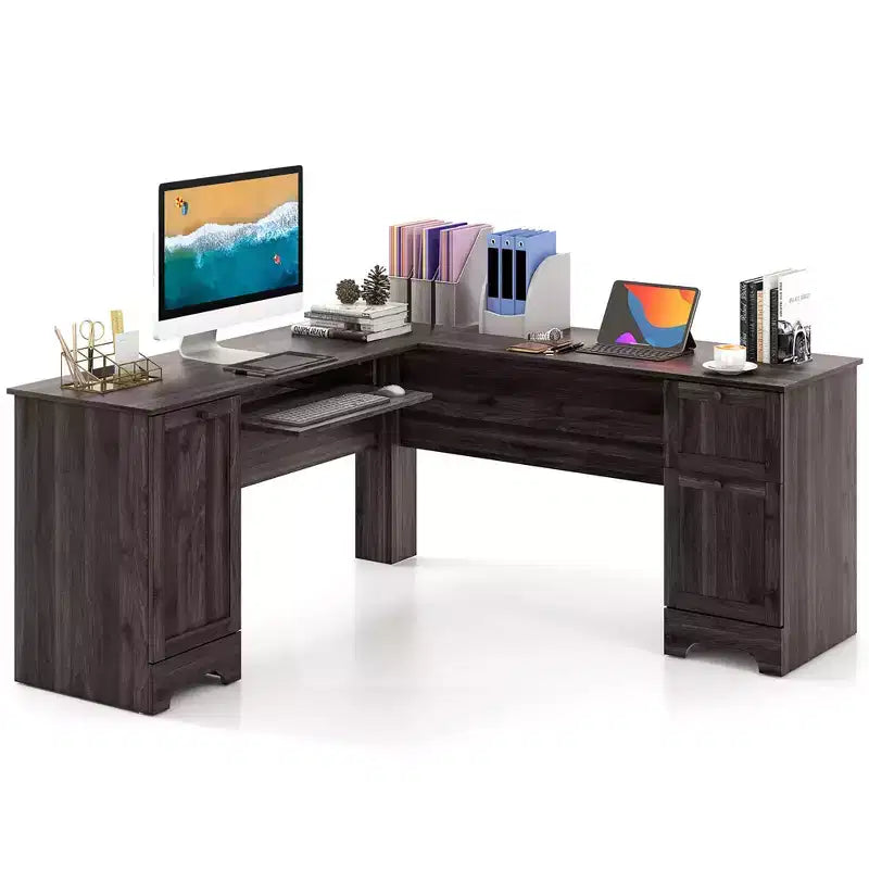 Costway 66.5'' L Shaped Home Office Desk Corner Computer Desk Keyboard Tray Dark