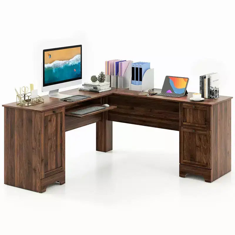 Costway Bureau d'angle en forme de L pour bureau à domicile, 66,5'', avec tiroir de clavier, couleur foncée