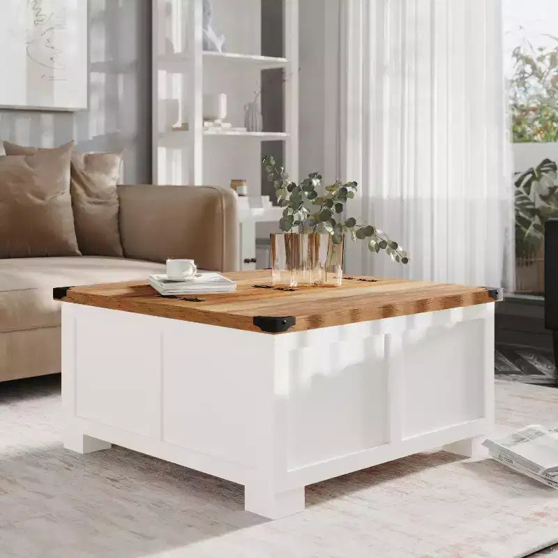 Table basse Emma et Oliver Farmhouse avec plateau à charnières style coquillage et rangement dissimulé