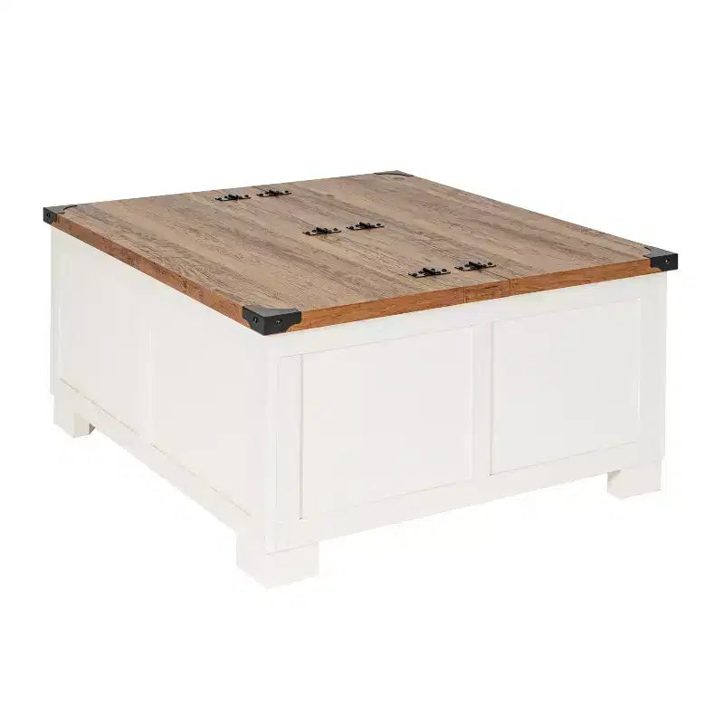 Table basse Emma et Oliver Farmhouse avec plateau à charnières style coquillage et rangement dissimulé