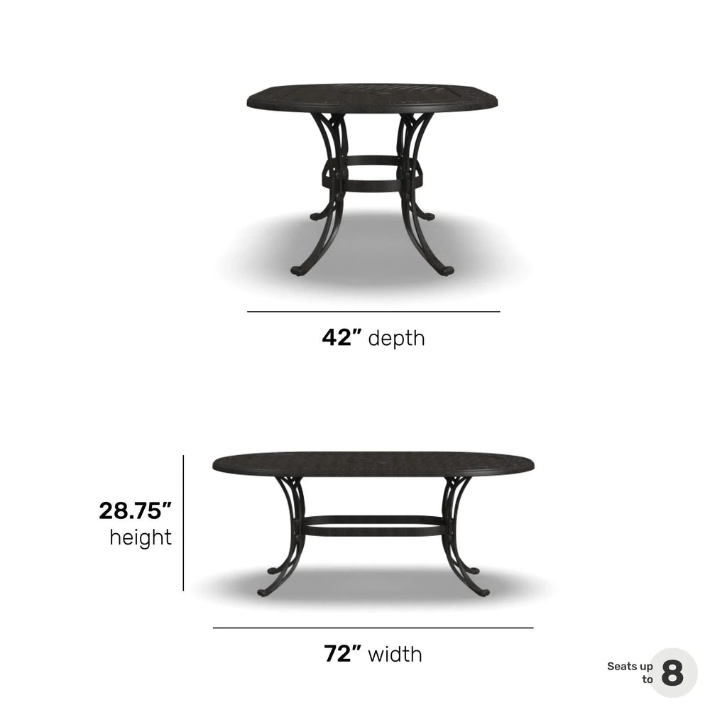 Ensemble de salle à manger d'extérieur 7 pièces en aluminium bronze Sanibel avec table à manger ovale de 72 et six fauteuils par Homestyles