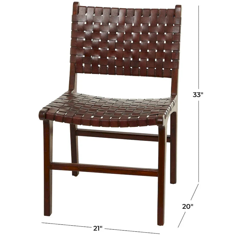 Chaises de salle à manger tressées faites à la main en cuir avec cadre en bois de teck - Lot de 2 Marron, Blanc ou Noir - Roche River Decor