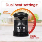 Chauffage et ventilateur 360 degrés BLACK+DECKER, pour bureau, 2 réglages de chauffage et mode ventilateur seul, thermostat réglable, BHDS156, noir