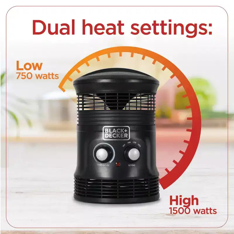 Chauffage et ventilateur 360 degrés BLACK+DECKER, pour bureau, 2 réglages de chauffage et mode ventilateur seul, thermostat réglable, BHDS156, noir