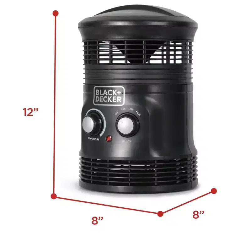 Chauffage et ventilateur 360 degrés BLACK+DECKER, pour bureau, 2 réglages de chauffage et mode ventilateur seul, thermostat réglable, BHDS156, noir