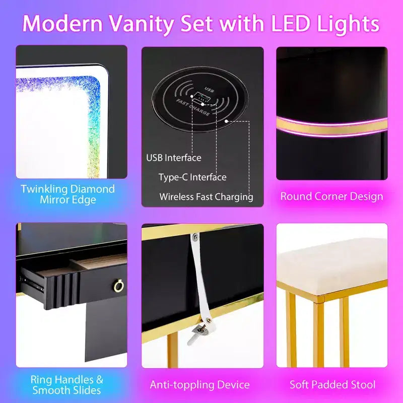 Coiffeuse Costway avec lumières LED RVB, miroir en verre pilé, tiroirs, Noir/Blanc