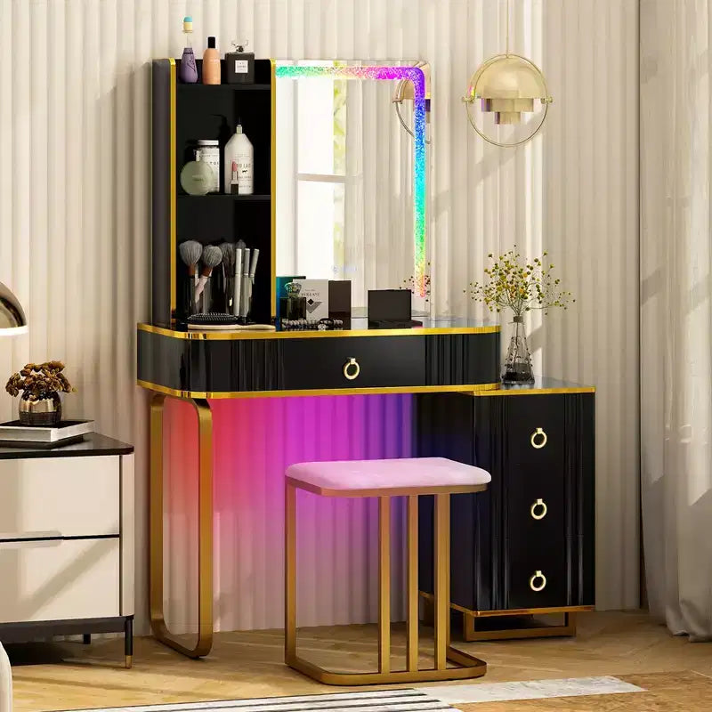 Coiffeuse Costway avec lumières LED RVB, miroir en verre pilé, tiroirs, Noir/Blanc