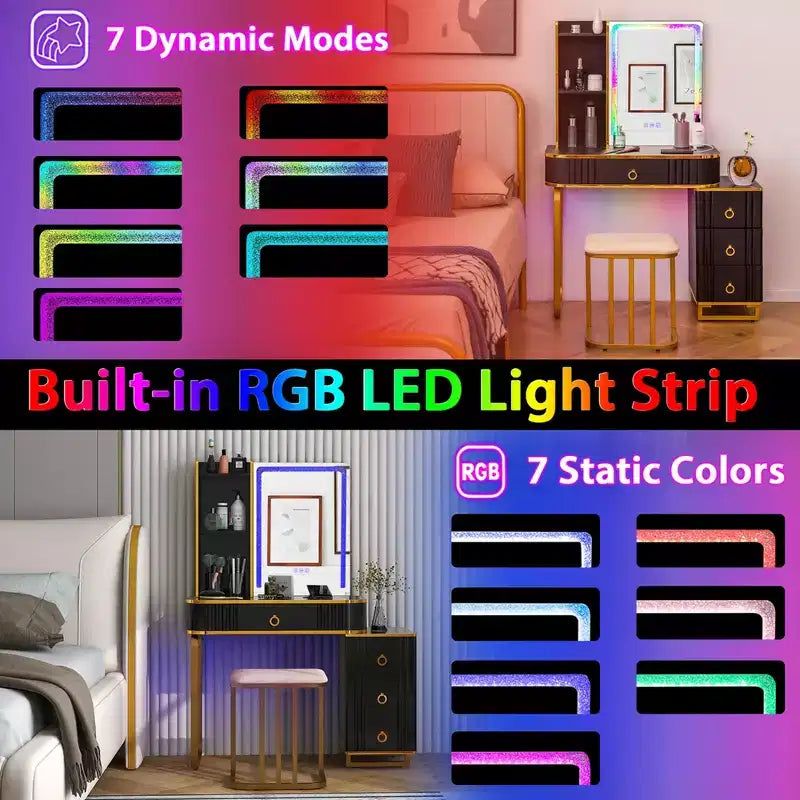 Coiffeuse Costway avec lumières LED RVB, miroir en verre pilé, tiroirs, Noir/Blanc
