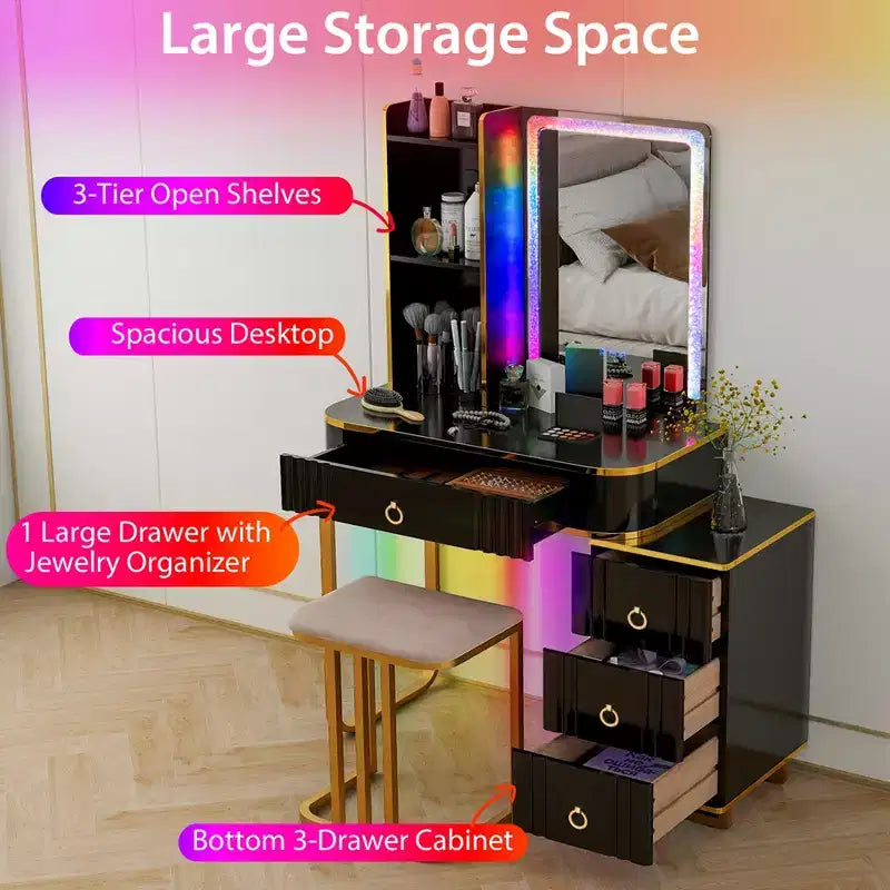 Coiffeuse Costway avec lumières LED RVB, miroir en verre pilé, tiroirs, Noir/Blanc