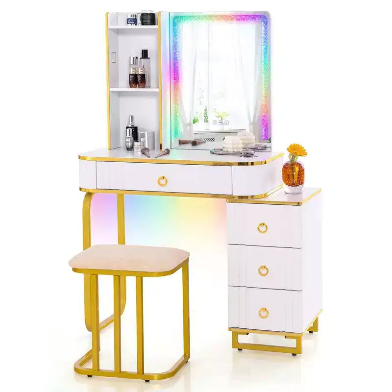 Coiffeuse Costway avec lumières LED RVB, miroir en verre pilé, tiroirs, Noir/Blanc