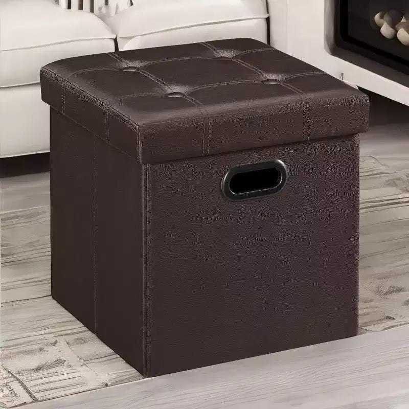 SONGMICS Pouf de rangement pliable de 38 cm, Repose-pieds cubique, Table basse avec poignées à trous, Similicuir