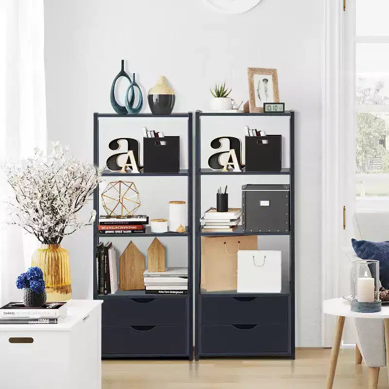 Costway Lot de 2 Étagères Échelle à 4 Niveaux, Étagère de Rangement Murale Moderne avec Tiroirs, Blanc & Bois Naturel/Noir