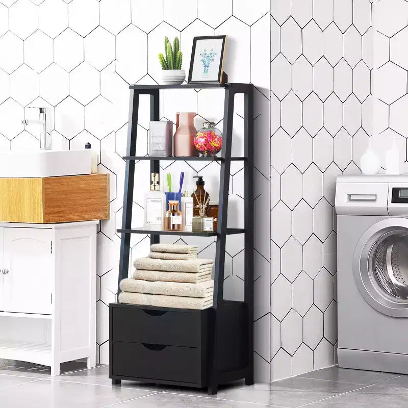 Costway Lot de 2 Étagères Échelle à 4 Niveaux, Étagère de Rangement Murale Moderne avec Tiroirs, Blanc & Bois Naturel/Noir