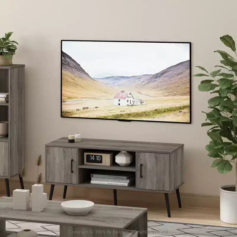 Meuble TV Furinno Mid-Century, console multimédia avec 2 armoires et étagères de rangement ouvertes pour téléviseurs jusqu'à 50 pouces, gris chêne français