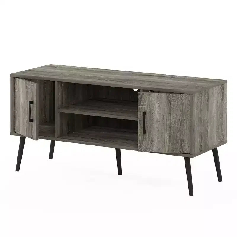 Meuble TV Furinno Mid-Century, console multimédia avec 2 armoires et étagères de rangement ouvertes pour téléviseurs jusqu'à 50 pouces, gris chêne français