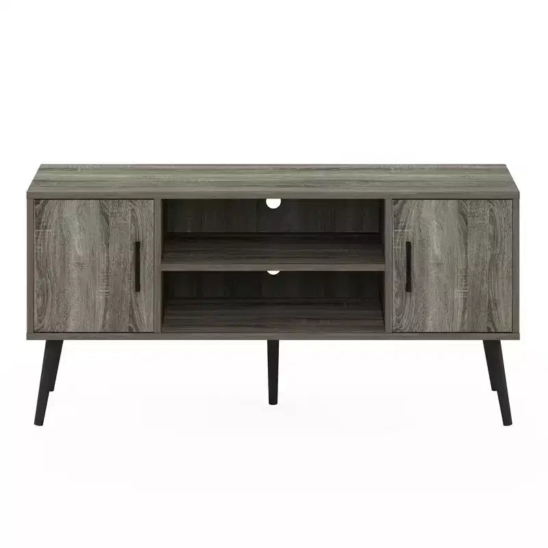 Meuble TV Furinno Mid-Century, console multimédia avec 2 armoires et étagères de rangement ouvertes pour téléviseurs jusqu'à 50 pouces, gris chêne français