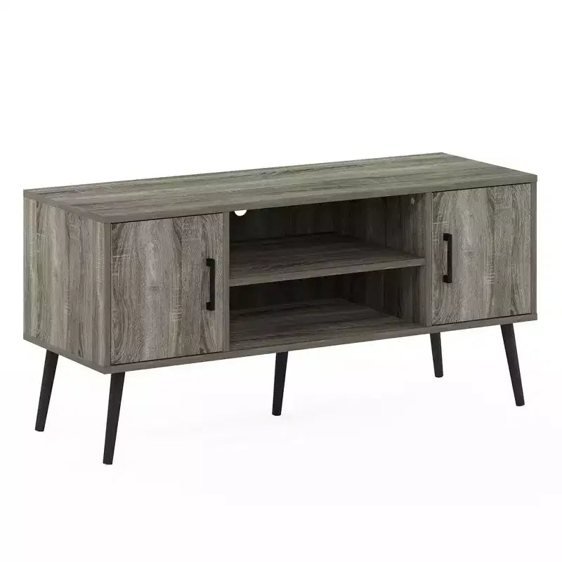 Meuble TV Furinno Mid-Century, console multimédia avec 2 armoires et étagères de rangement ouvertes pour téléviseurs jusqu'à 50 pouces, gris chêne français