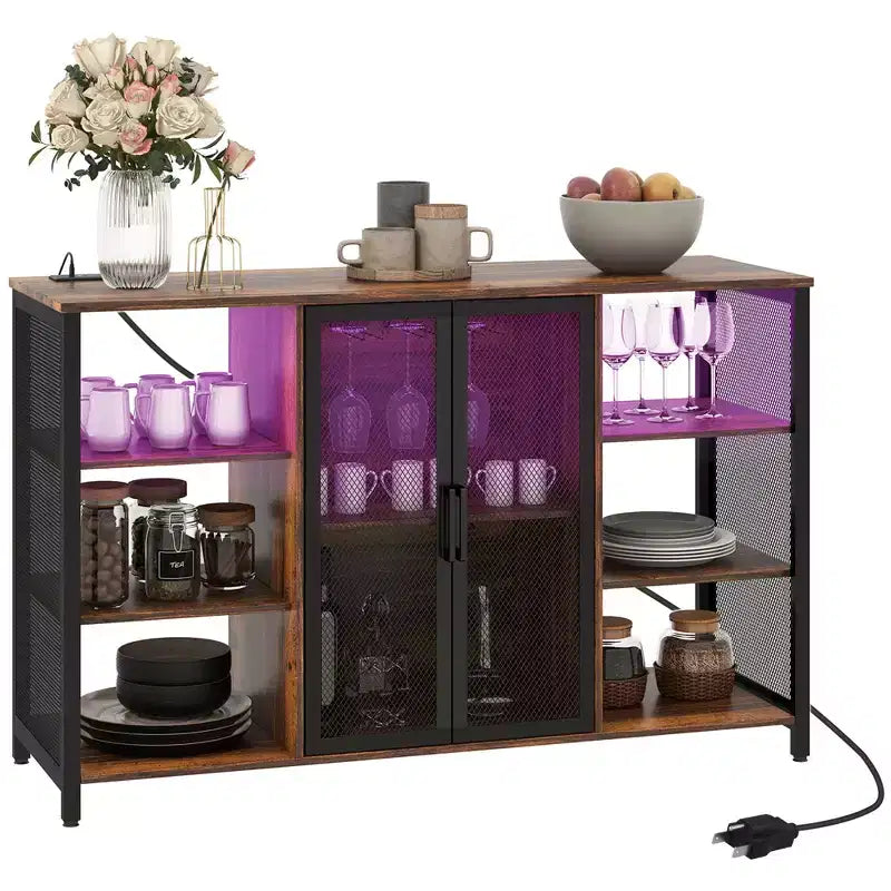 Meuble de bar HOMCOM avec station de recharge et lumières LED, casier à vin avec porte-verres, portes en maille, étagère réglable et 6 compartiments ouverts, marron