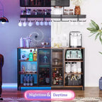 Meuble de bar HOMCOM avec station de recharge et lumières LED, casier à vin avec porte-verres, portes en maille, étagère réglable et 6 compartiments ouverts, marron