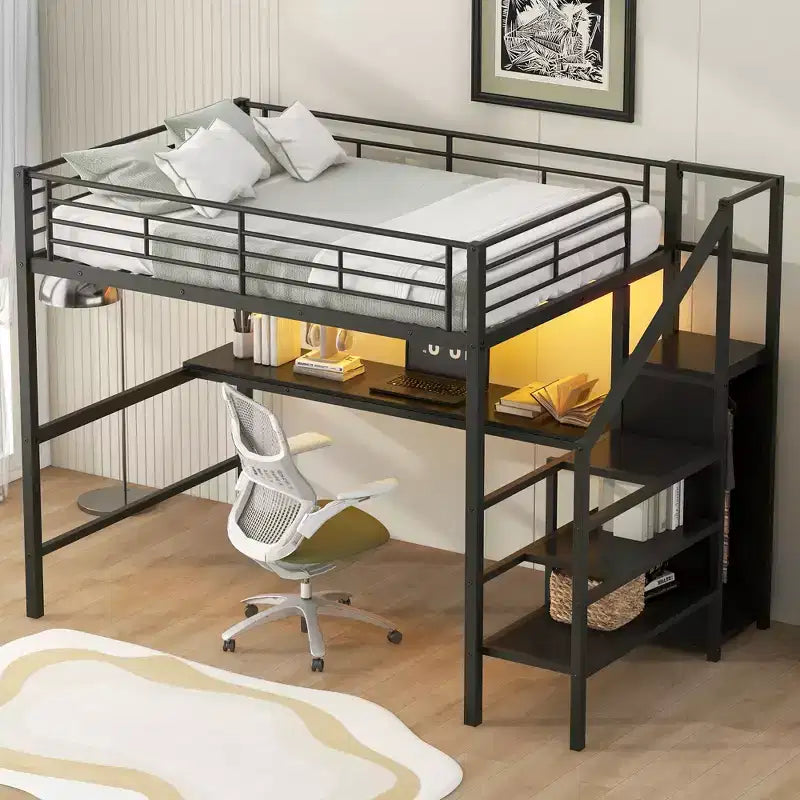 Lit mezzanine en métal pleine grandeur avec bureau, escalier de rangement et petite armoire ModernLuxe