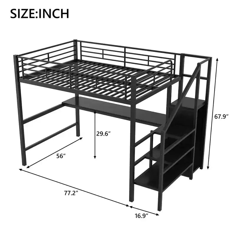 Lit mezzanine en métal pleine grandeur avec bureau, escalier de rangement et petite armoire ModernLuxe