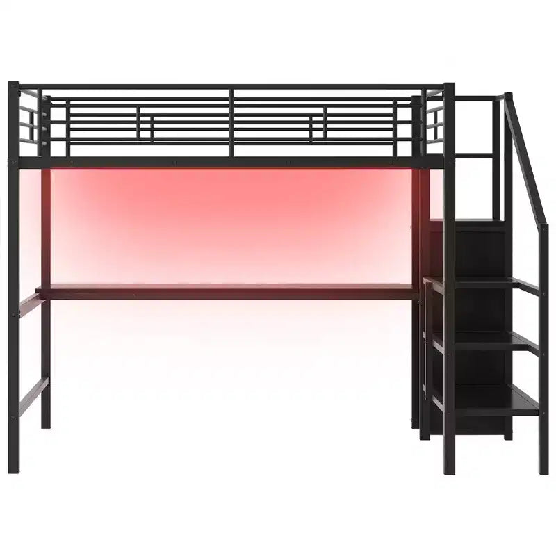 Lit mezzanine en métal pleine grandeur avec bureau, escalier de rangement et petite armoire ModernLuxe