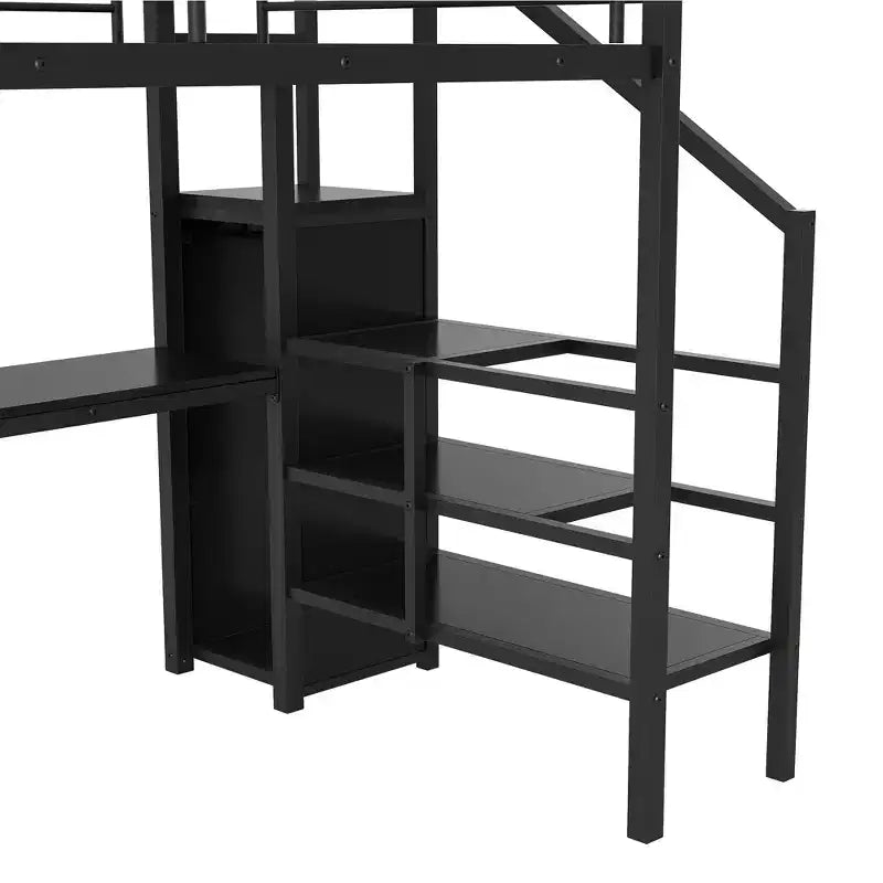 Lit mezzanine en métal pleine grandeur avec bureau, escalier de rangement et petite armoire ModernLuxe