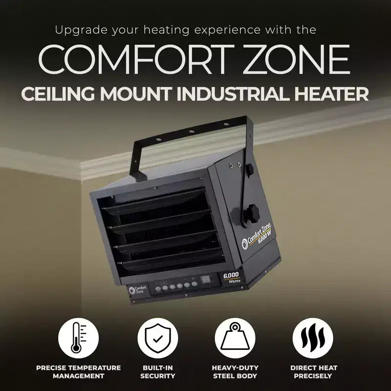 Chauffage industriel Comfort Zone à fixation au plafond avec 2 réglages et thermostat