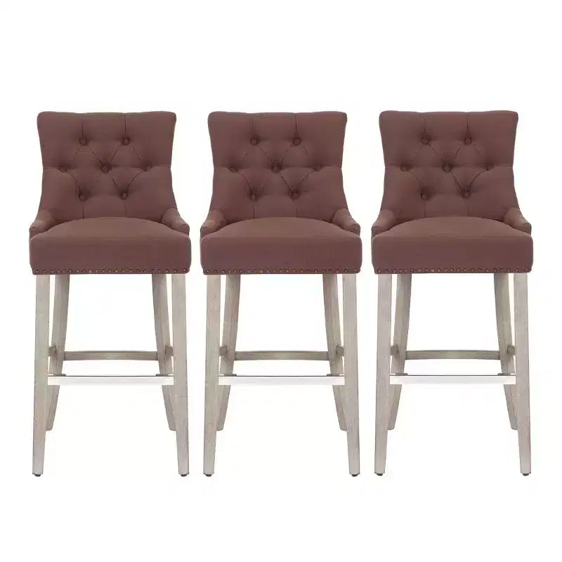 WestinTrends 29 Tabouret de bar tapissé à dossier haut en lin avec boutons touffetés (Lot de 3), Marron