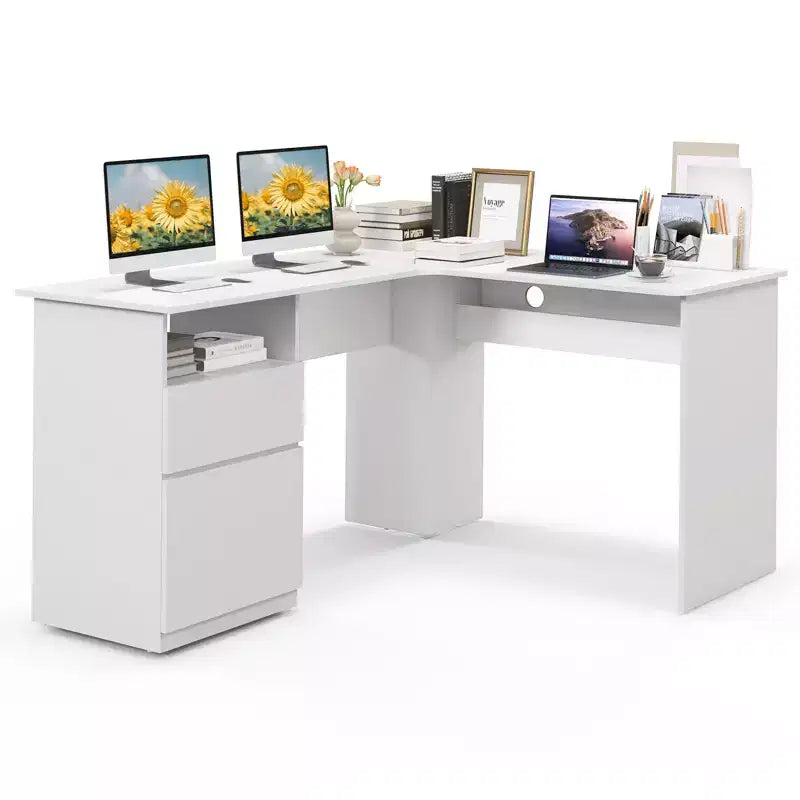 Costway Bureau d'angle en forme de L 150 cm avec compartiment ouvert et 2 trous passe-câbles Noyer/Blanc