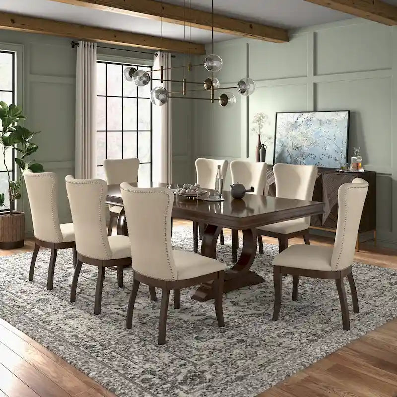 Ensemble de salle à manger extensible en bois de cerisier foncé et tissu beige
