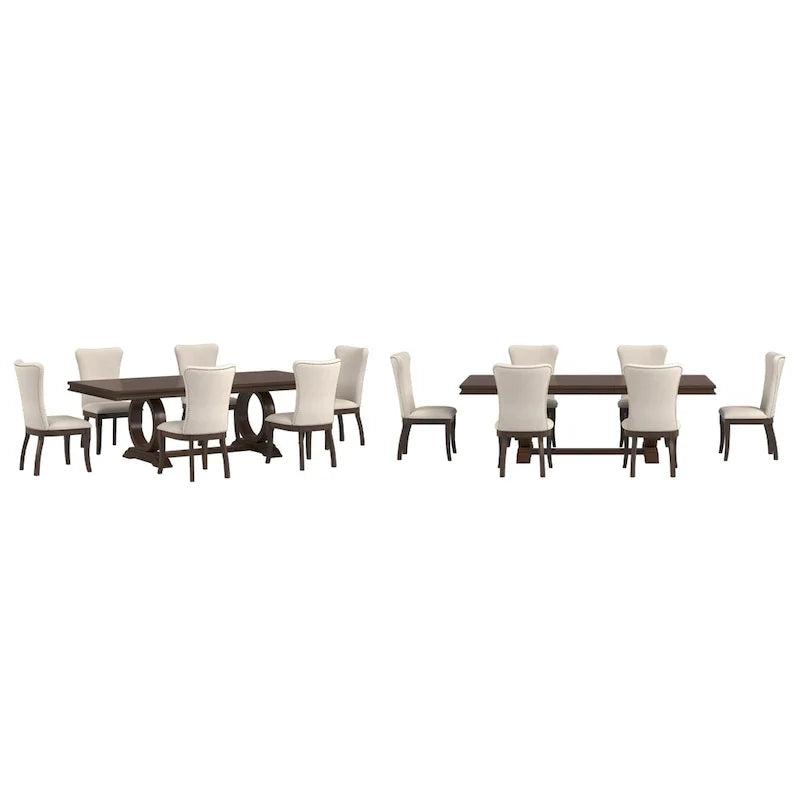 Ensemble de salle à manger extensible en bois de cerisier foncé et tissu beige