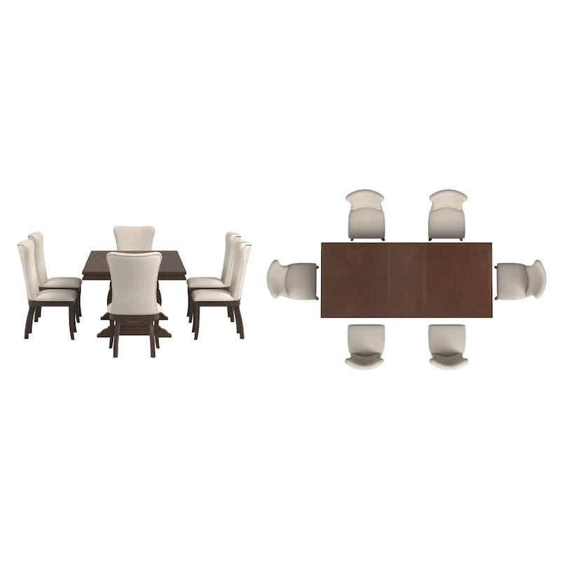Ensemble de salle à manger extensible en bois de cerisier foncé et tissu beige