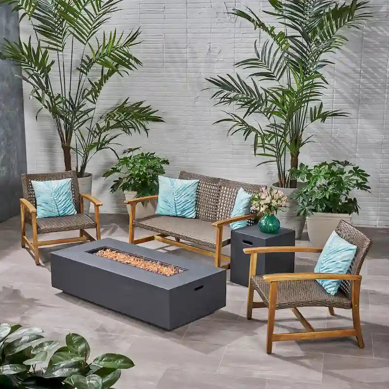 Augusta Outdoor Acacia Wood and Wicker 4 Seater Chat Set with Fire Pit by Christopher Knight Home