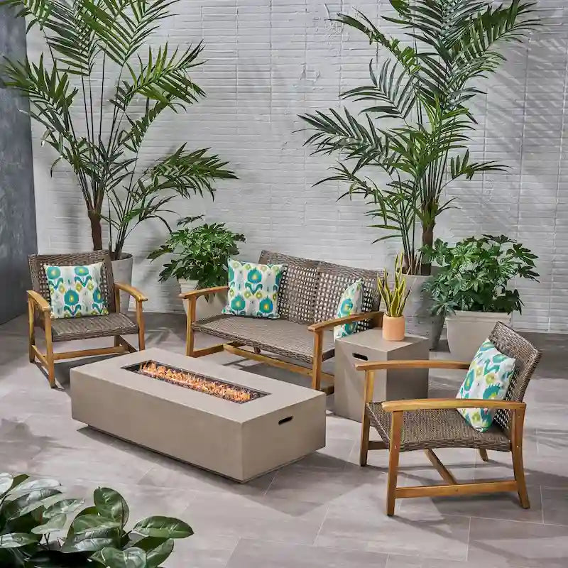 Augusta Outdoor Acacia Wood and Wicker 4 Seater Chat Set with Fire Pit by Christopher Knight Home