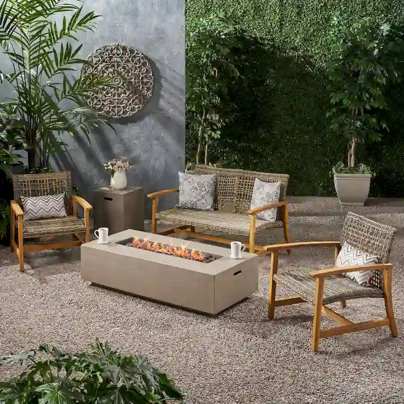 Augusta Outdoor Acacia Wood and Wicker 4 Seater Chat Set with Fire Pit by Christopher Knight Home