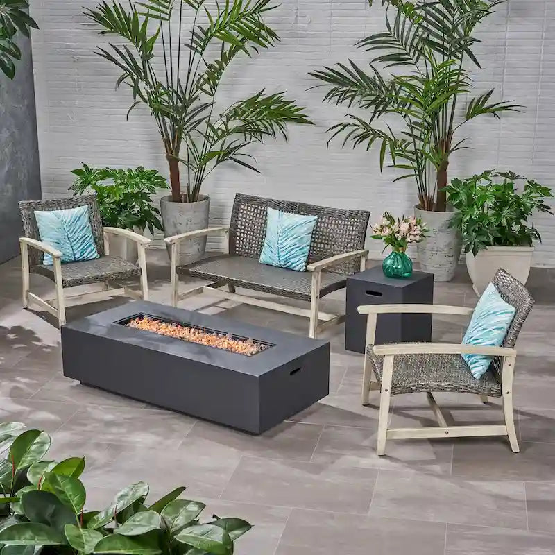 Augusta Outdoor Acacia Wood and Wicker 4 Seater Chat Set with Fire Pit by Christopher Knight Home