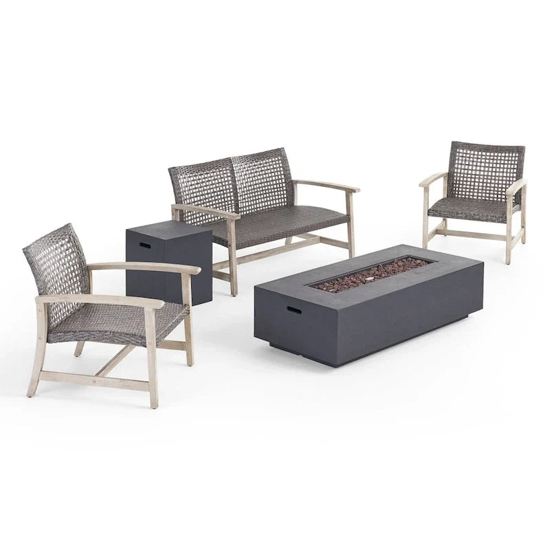 Augusta Outdoor Acacia Wood and Wicker 4 Seater Chat Set with Fire Pit by Christopher Knight Home