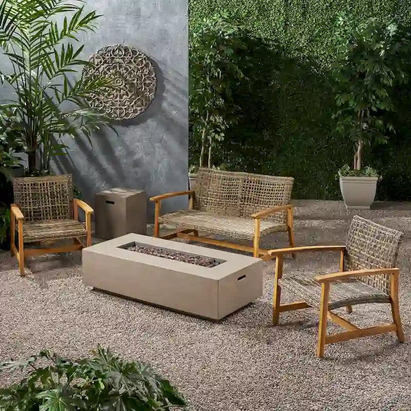 Augusta Outdoor Acacia Wood and Wicker 4 Seater Chat Set with Fire Pit by Christopher Knight Home