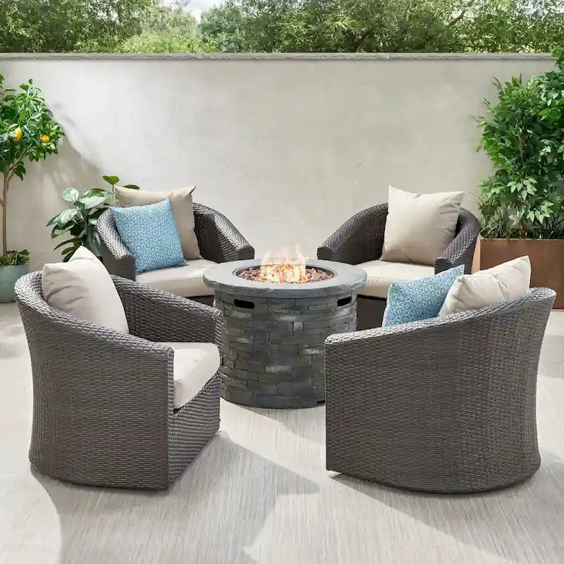 Ensemble de conversation pivotant avec foyer en osier et aluminium 5 pièces Glenwood Outdoor avec coussins par Christopher Knight Home
