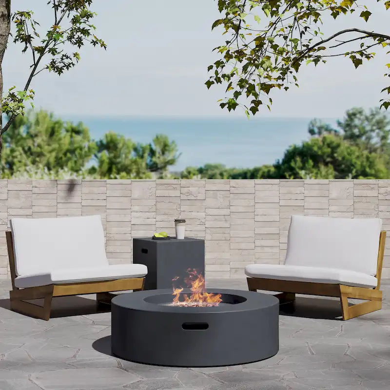 Sherwood Acacia Wood Outdoor Lounge Chairs and 50,000 BTU Circular Propane Fire Pit by Christopher Knight Home