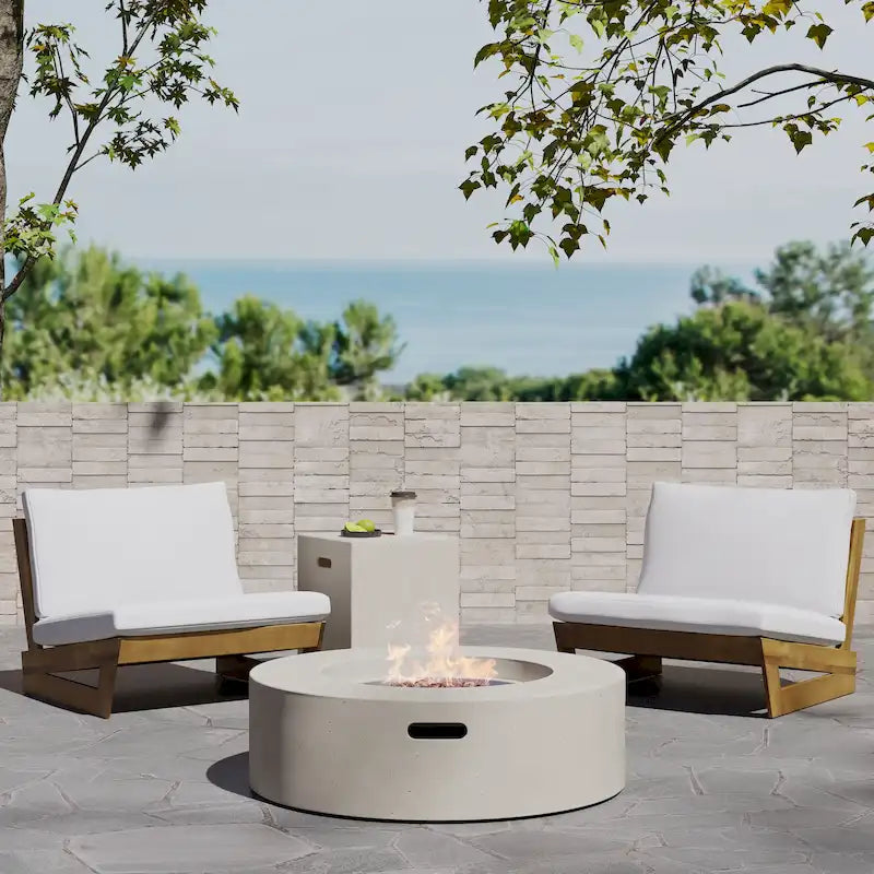 Sherwood Acacia Wood Outdoor Lounge Chairs and 50,000 BTU Circular Propane Fire Pit by Christopher Knight Home