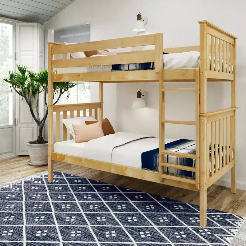 Lit superposé jumeau en bois massif Planche+Poutre avec échelle pour adultes, sans sommier tapissier requis