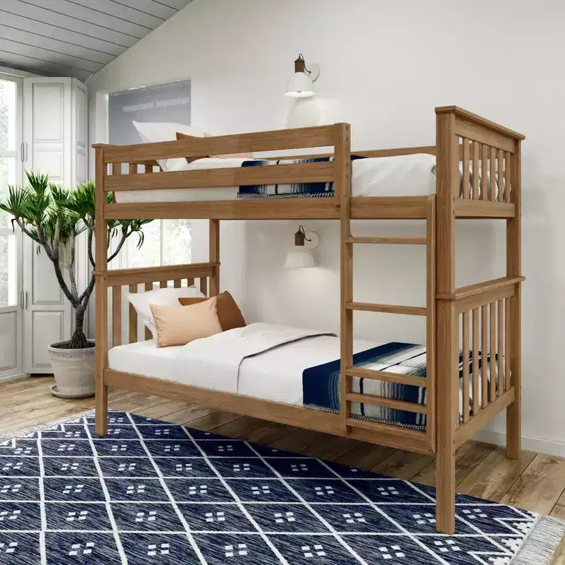 Lit superposé jumeau en bois massif Planche+Poutre avec échelle pour adultes, sans sommier tapissier requis