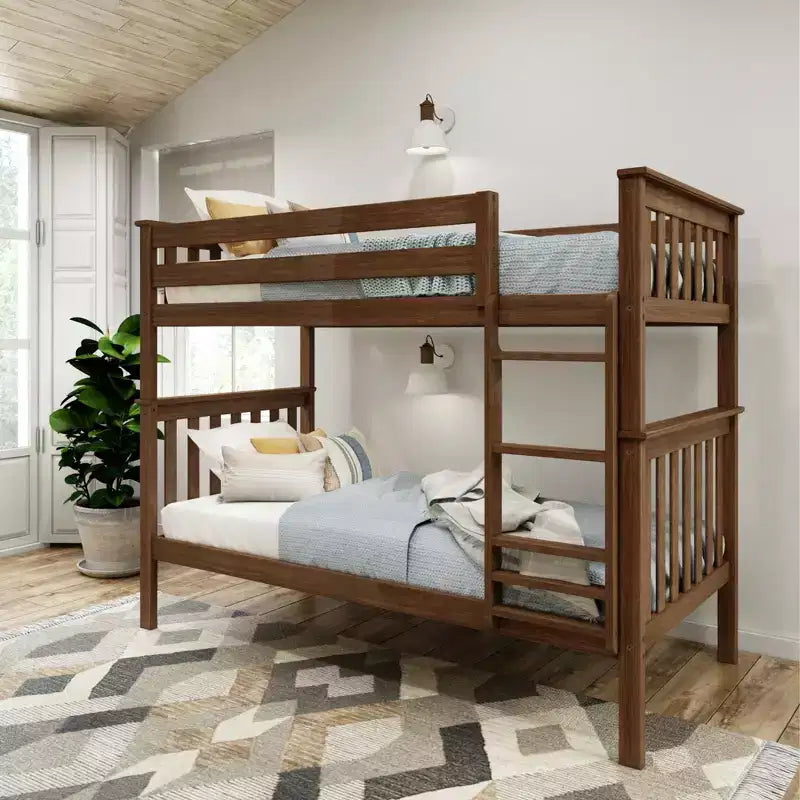 Lit superposé jumeau en bois massif Planche+Poutre avec échelle pour adultes, sans sommier tapissier requis