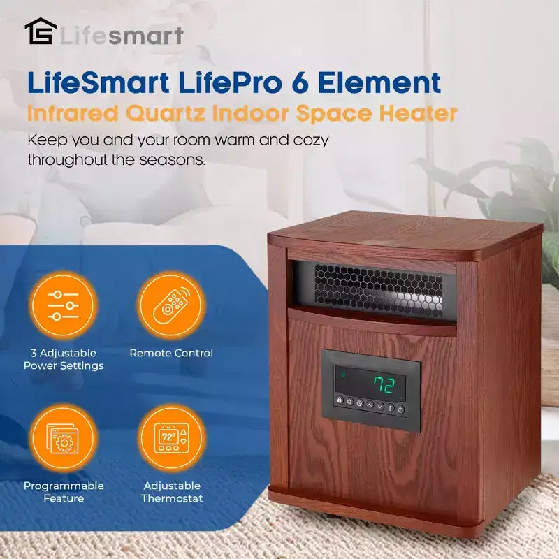 Chauffage d'appoint électrique infrarouge à quartz portable LifeSmart LifePro 1500W pour intérieur, avec 6 éléments chauffants réglables et télécommande, marron