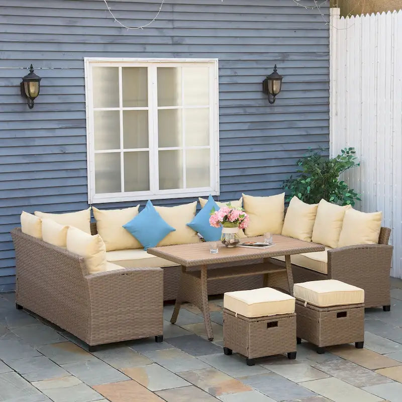 Outsunny Ensemble de 6 canapés de terrasse en osier avec table basse en plastique imitation bois et coussins, gris chiné - 174 x 61 x 71,7 cm